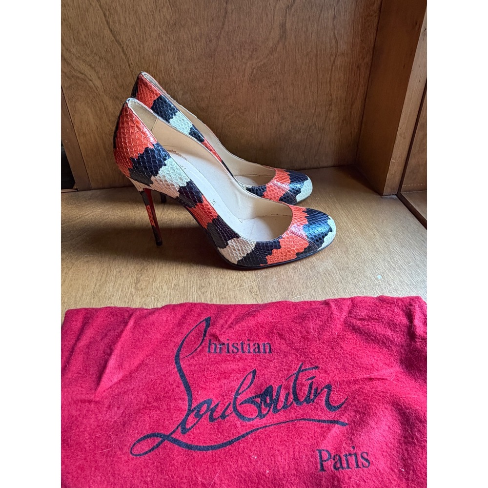 Christian Louboutin Snakeskin Pumps Orange Black Cream Red Sole Heels 37.5